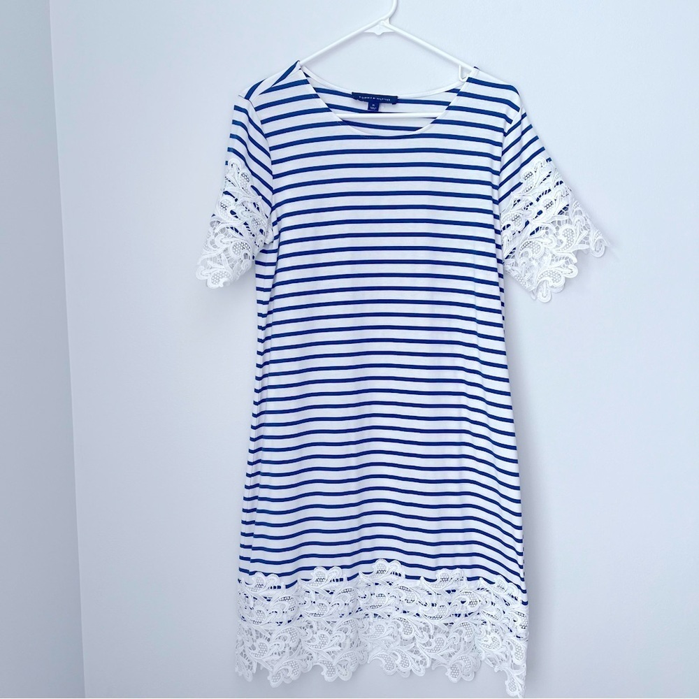 Tommy Hilfiger Blue and White Striped Dress with Lace Design Size Medium